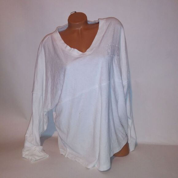 Victoria Secret PINK Sweater XL Terry Cloth Logo White Solid Long Sleeve V Neck - Picture 9 of 9